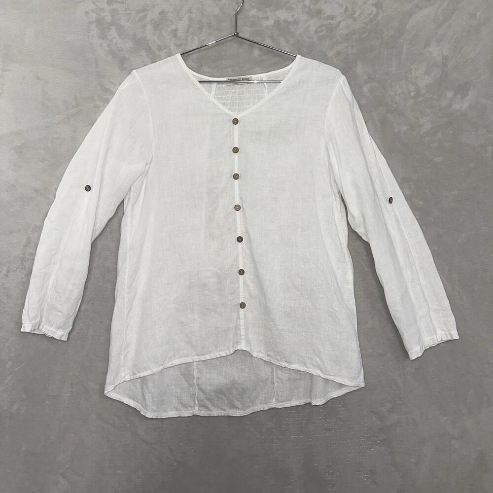 Terzo Millennio Linen White Top Buttons Roll Tab Womens Size Small
